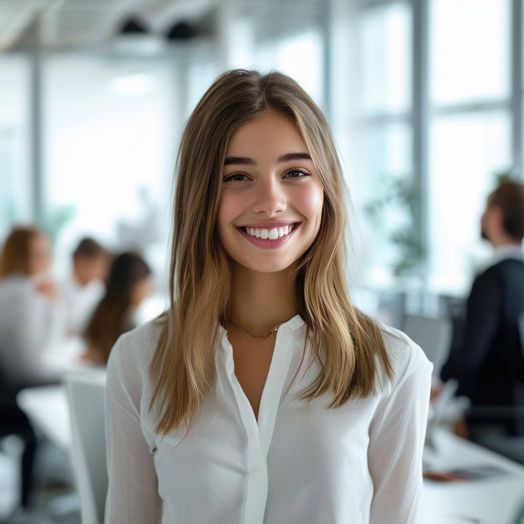 smiling girl in the front, busy team in the background